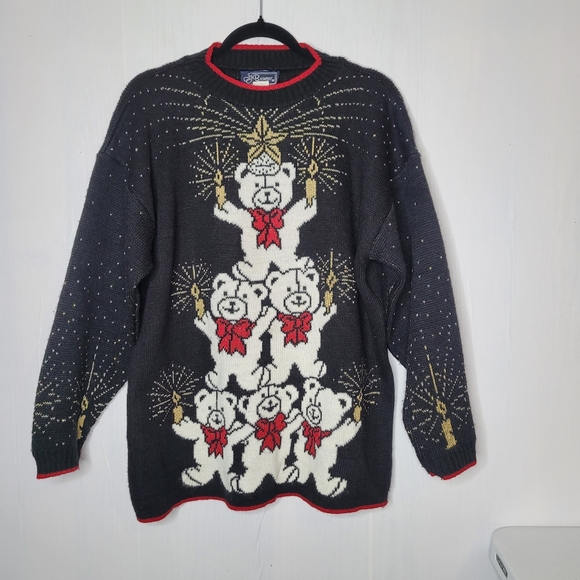 Vintage JJ Browne Christmas Holiday Black Gold Sweater Teddy Bears Size Large - Picture 5 of 13